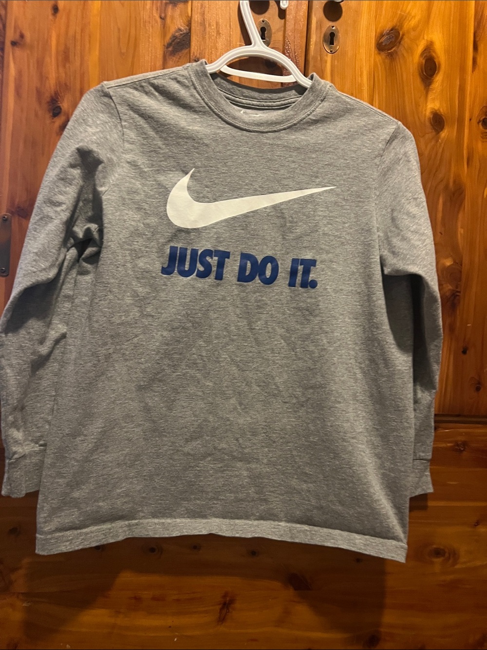 Nike Kids Gray Long-Sleeve Shirt with White Swoosh and Blue 'Just Do It.'
